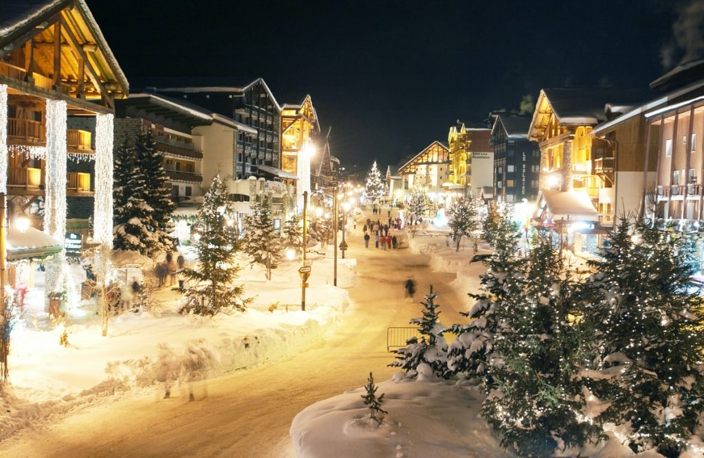 The town of Val d'Isere at night.