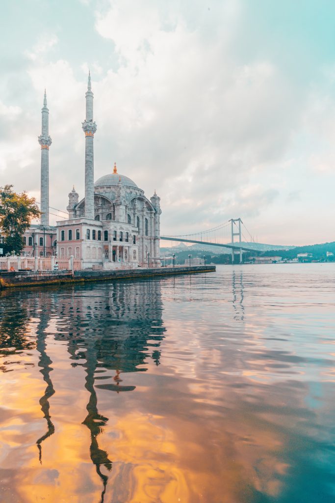 A mosque seen from the Bosphorus. 