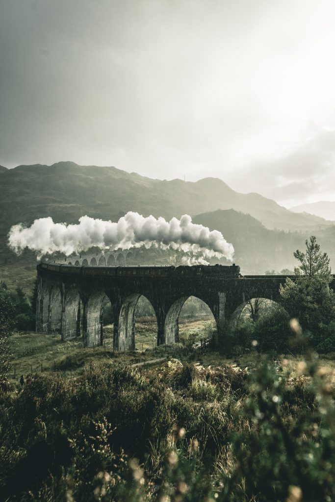 A train on a bridge in the countryside. 