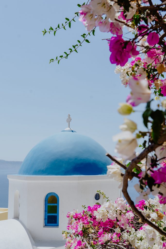 Famous blue dome on the island of Santorini. 