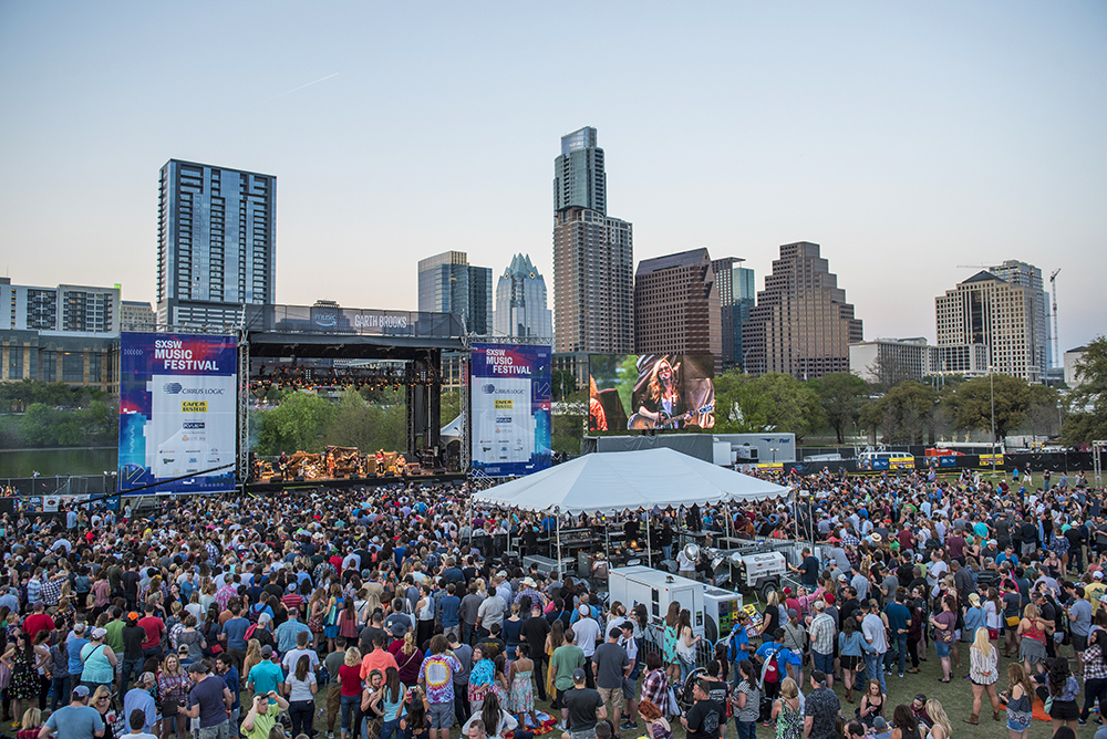 South by Southwest music festival, with the Austin skyline in the background. 