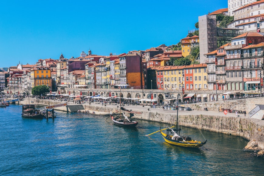 The Ribeira with boats in Porto, Portugal.