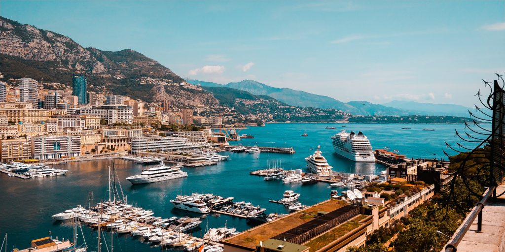 Monte Carlo overlooking the sea and docks in Monaco. 
