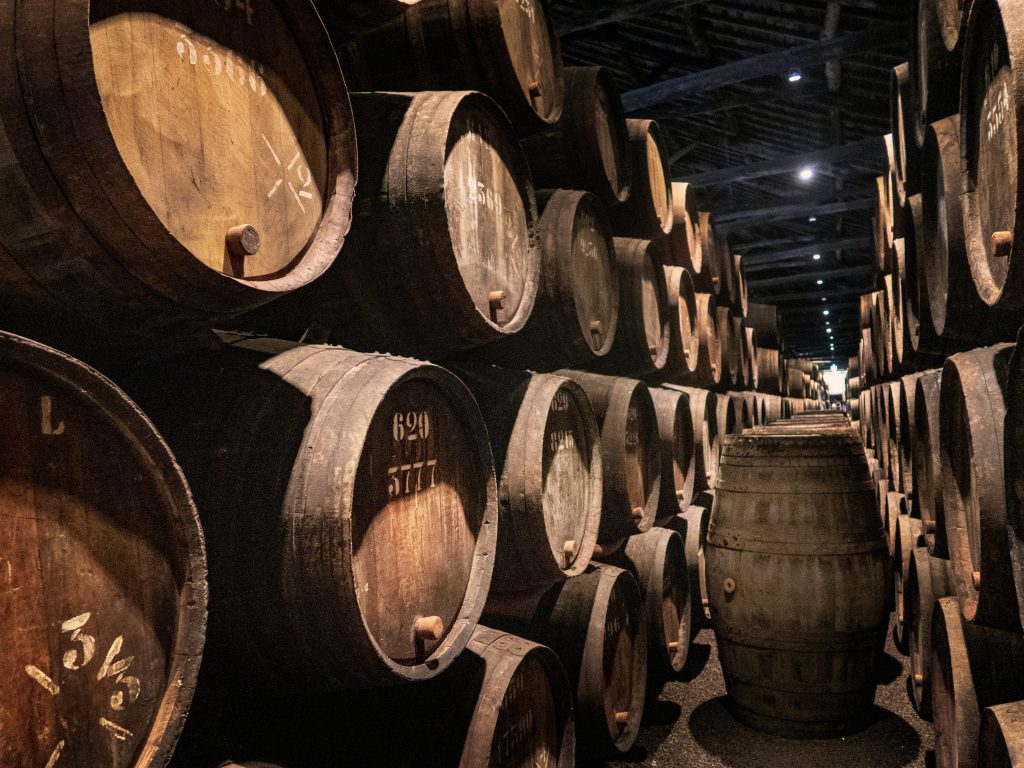Barrels of Port in a Wine Cellar.